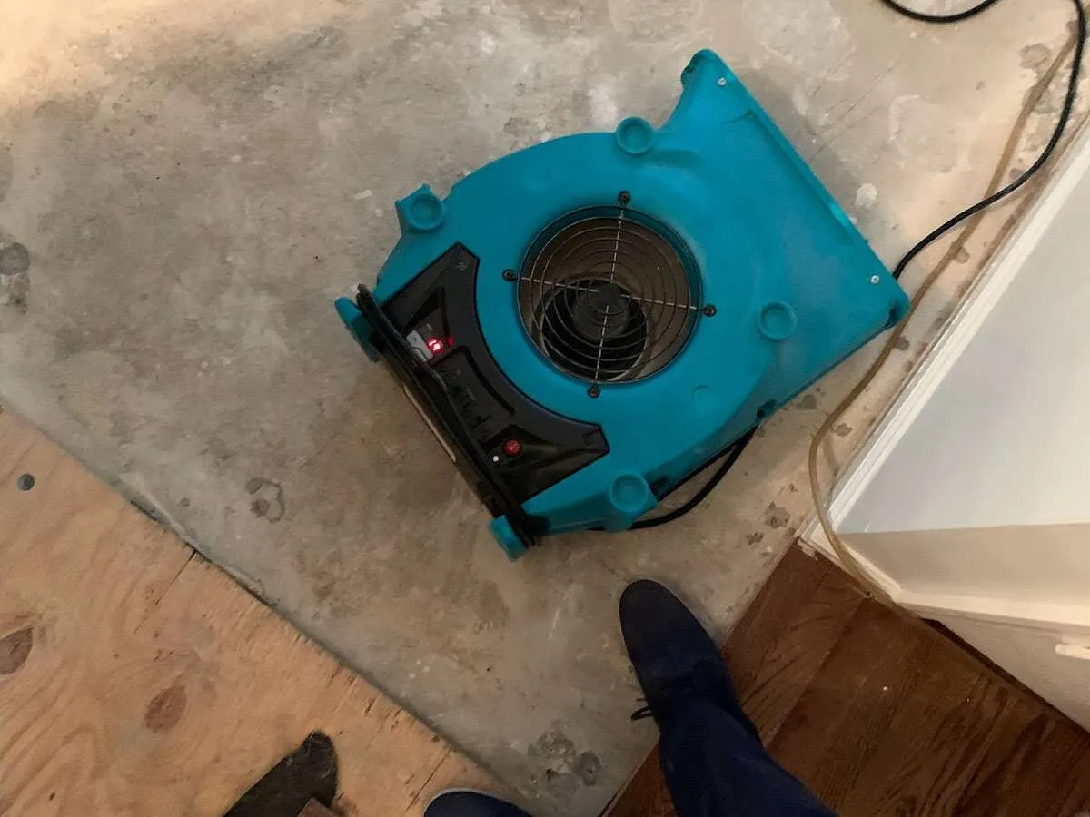 Air mover drying subfloor during Leak Detection & Repair in Edina